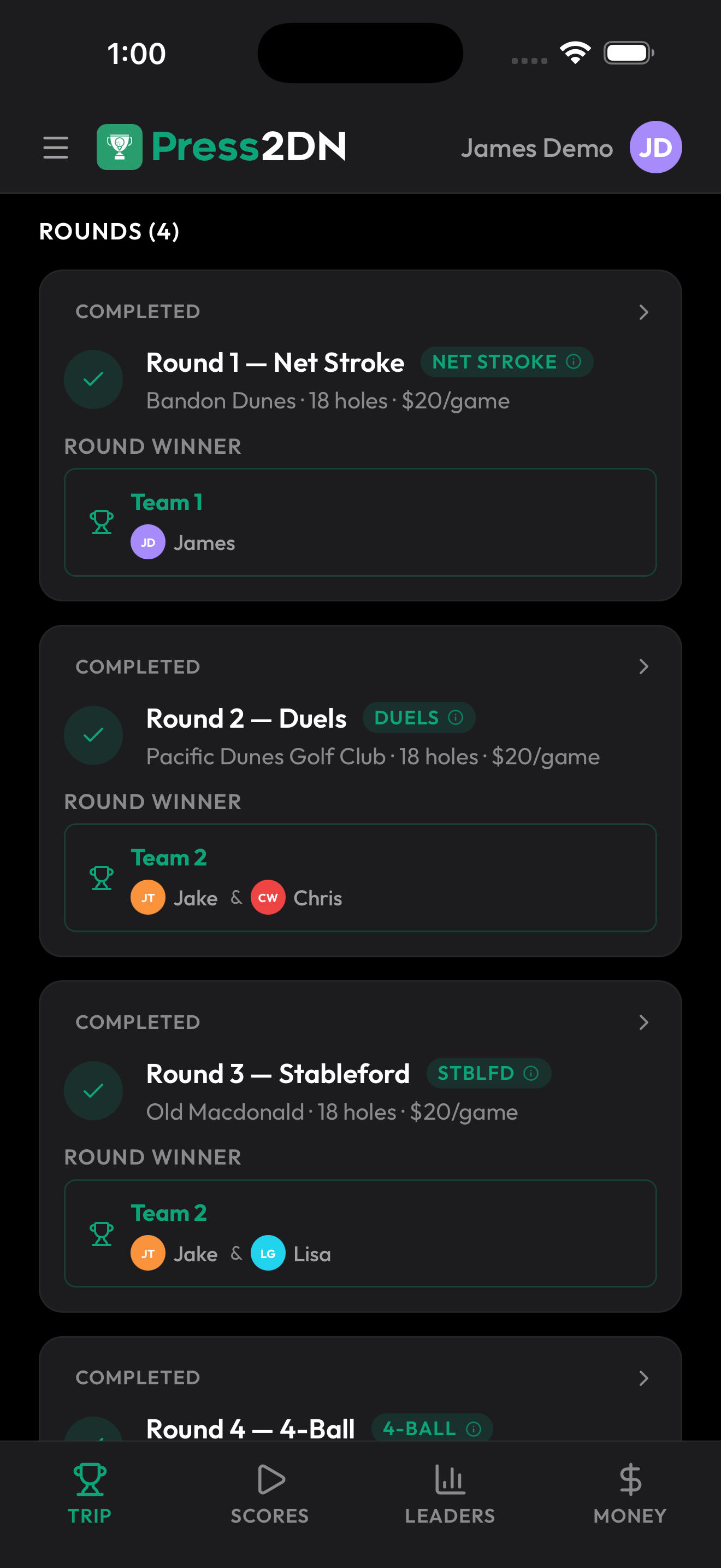 Multiple rounds in a golf trip