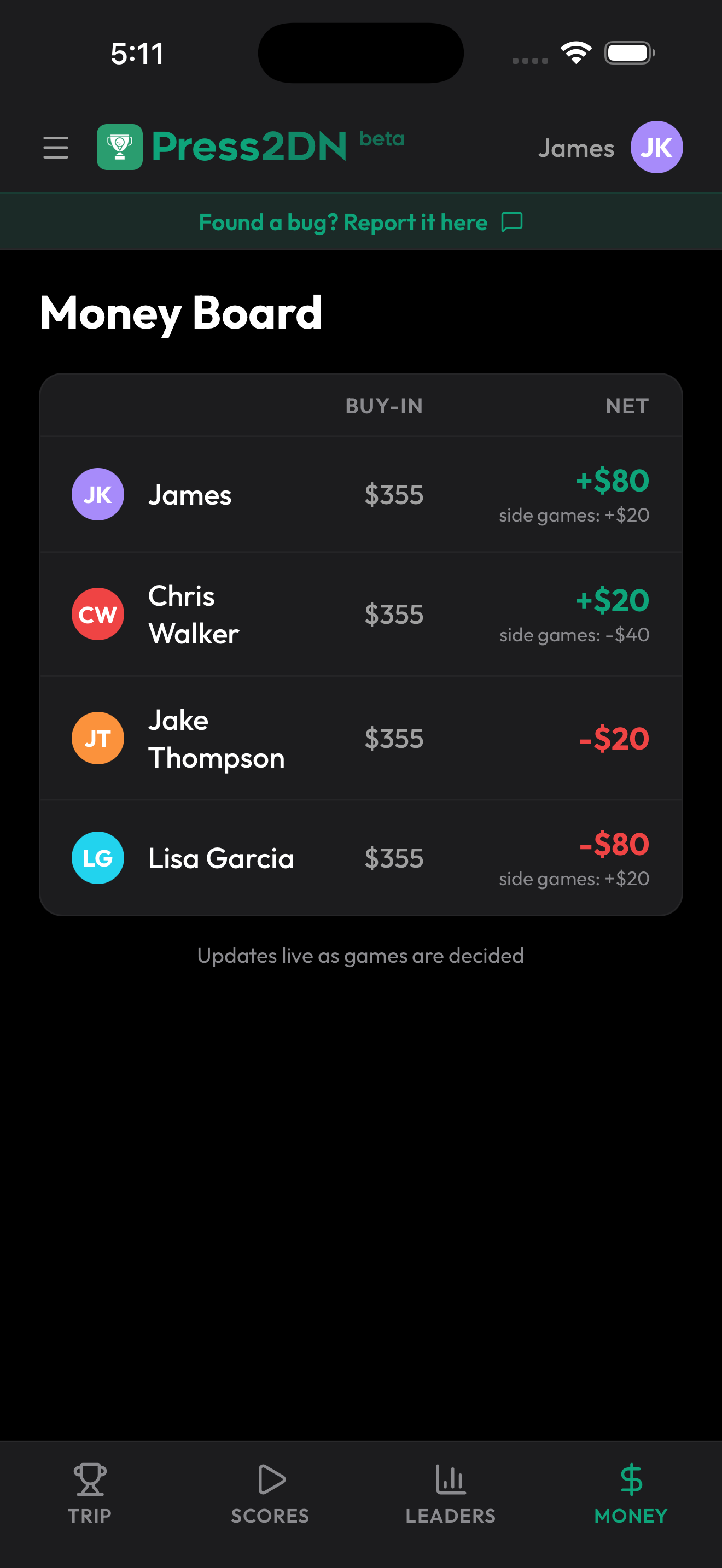 Money board showing net payouts