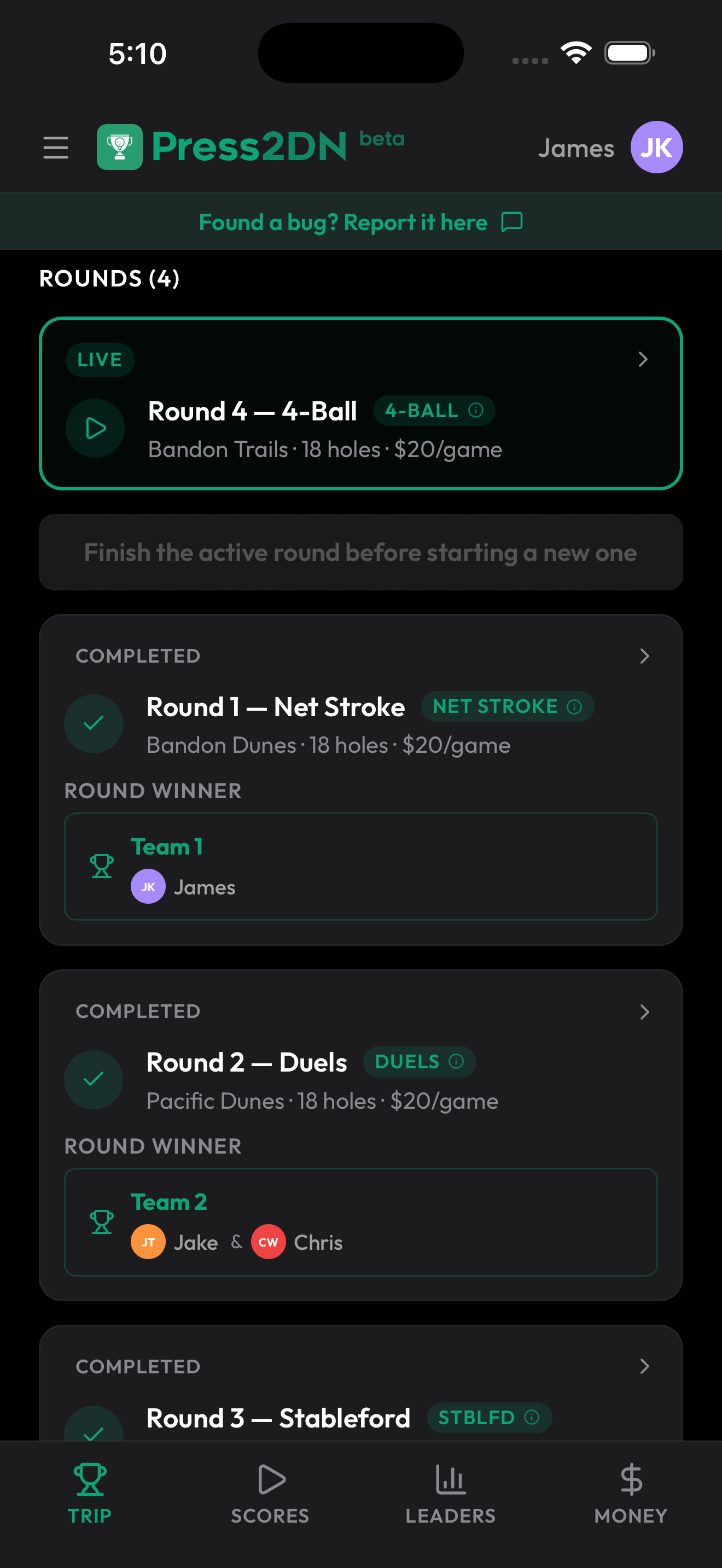 Multiple rounds in a golf trip